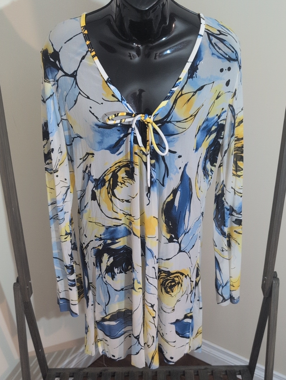Be Creative | Women’s Floral Tie-Front Long Sleeve Cover All— Blue & Yellow